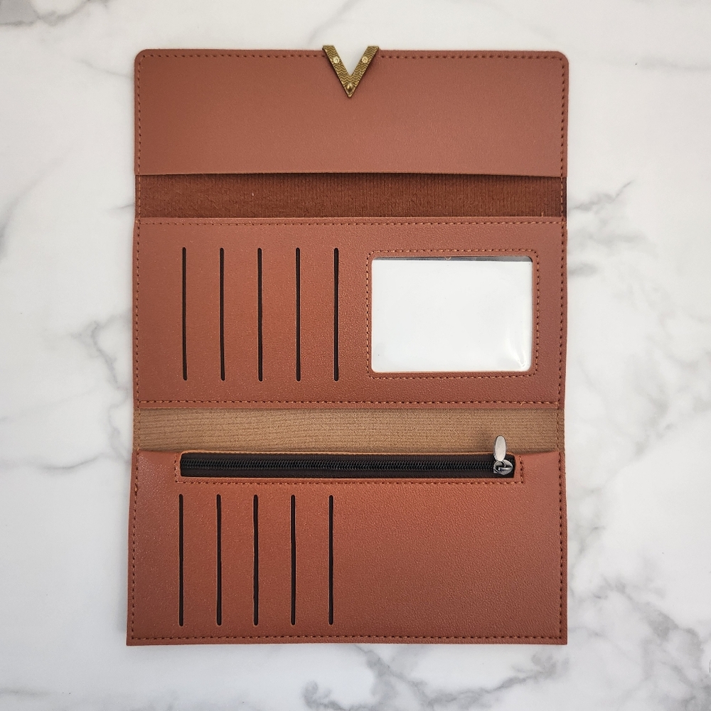 Brown Pu Leather Clutch Wallet With Gold V Accent - Picture 6 of 13